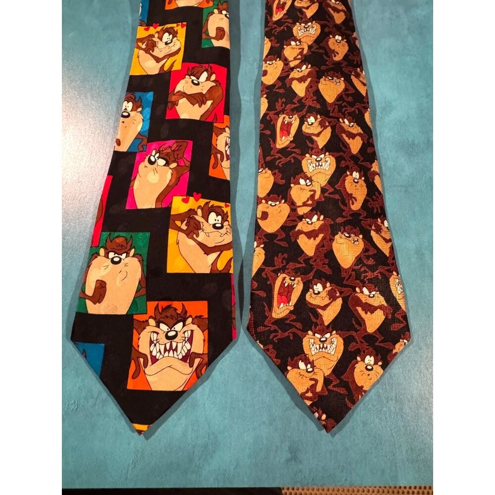 Lot of 2 Vintage Looney Tunes Taz‎ Silk Neckties – Tasmanian Devil Cartoon Print